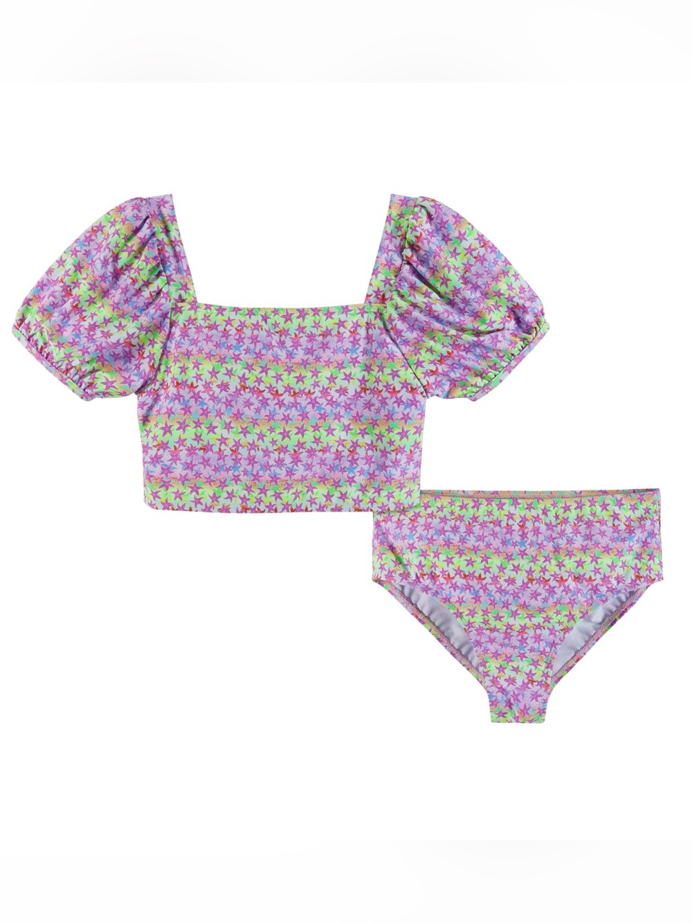 Andy & Evan Girls Puff Sleeve Bikini Set Pink Star Floral 2-Piece Swimsuit